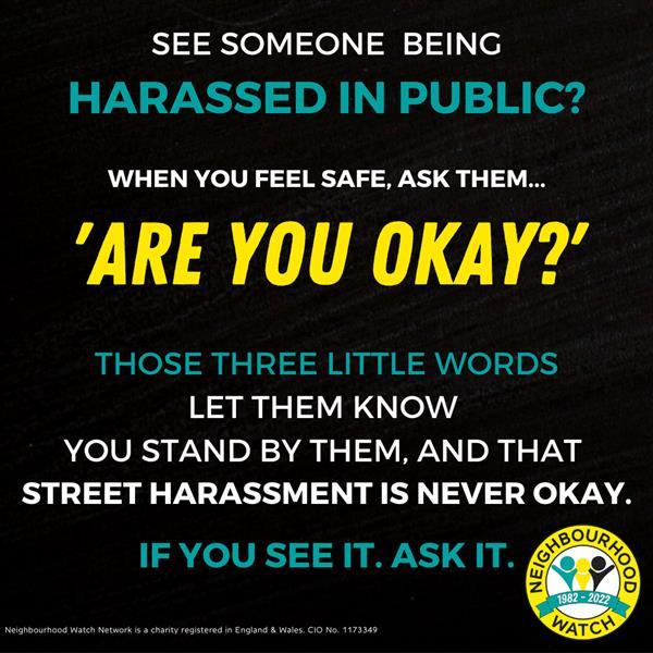 SEE SOMEONE BEING HARASSED IN PUBLIC? WHEN YOU FEEL SAFE, ASK THEM... 'Are You Okay?' THOSE THREE LITTLE WORDS LET THEM KNOW YOU STAND BY THEM, AND THAT STREET HARASSMENT IS NEVER OKAY. IF YOU SEE IT. ASK IT. SEE SOMEONE BEING HARASSED IN PUBLIC? WHEN YOU FEEL SAFE, ASK THEM... 'Are You Okay?' THOSE THREE LITTLE WORDS LET THEM KNOW YOU STAND BY THEM, AND THAT STREET HARASSMENT IS NEVER OKAY. IF YOU SEE IT. ASK IT.